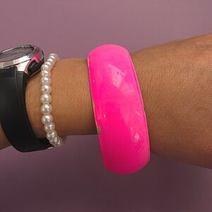 Vintage Neon Pink Enamel Bangle Bracelet Gold Tone Wide Domed Cuff Statement